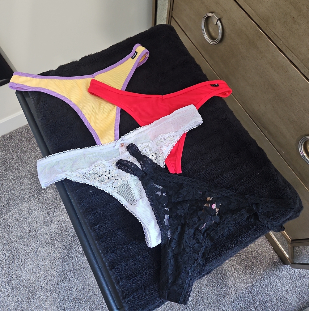 PINK Victoria's Secret Four-Pack Thong Set - Yellow, Purple, Red, White, Black